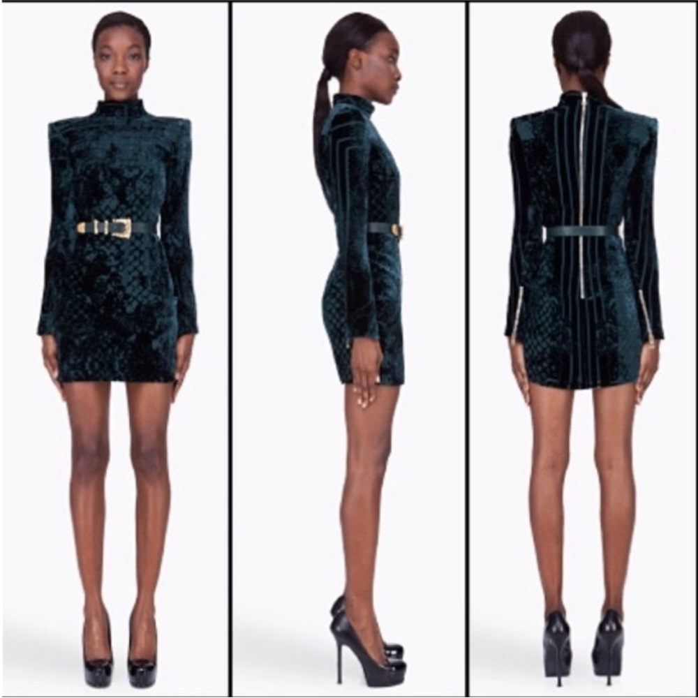 Balmain X H&M Green‎ Silk Viscose Velvet Floral High Neck Chic Mini Dress NWT 6 - Picture 2 of 16